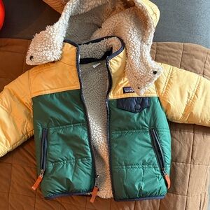 Patagonia Yellow and Green Puffer kids Jacket- reversible 12/18 months